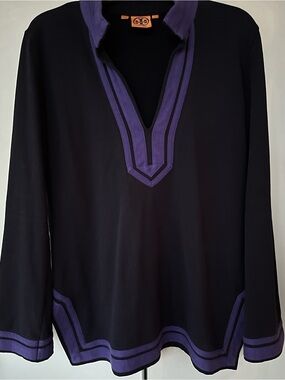 Tory Burch Black V-Neck Tunic Pullover Purple Trim Designer Luxury
